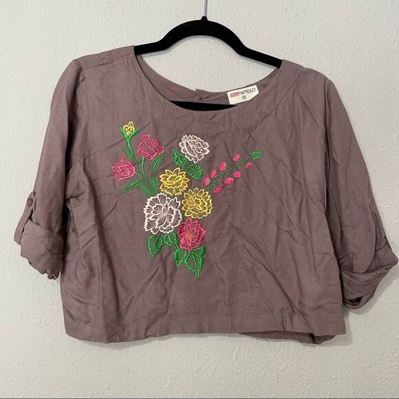 Bombay Paisley Brown Floral Embroidered Cropped Short Sleeve Blouse Women M Boho - Picture 1 of 9